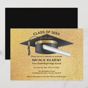 Black and Gold Graduate Cap Graduation Party Einladung
