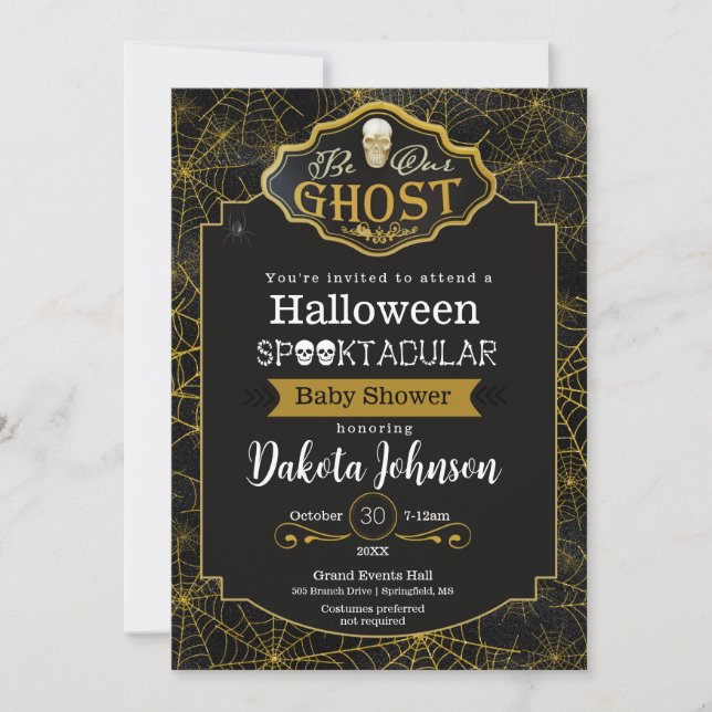 Black and Gold Halloween Baby Showeinladung Karte (Vorderseite)