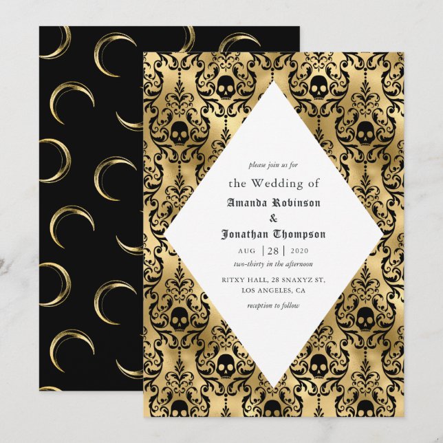Black and Gold Halloween Gotische Hochzeit Einladung (Vorne/Hinten)