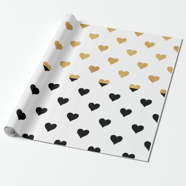 Black and Gold Hearts Geschenkpapier (Ungerollt)