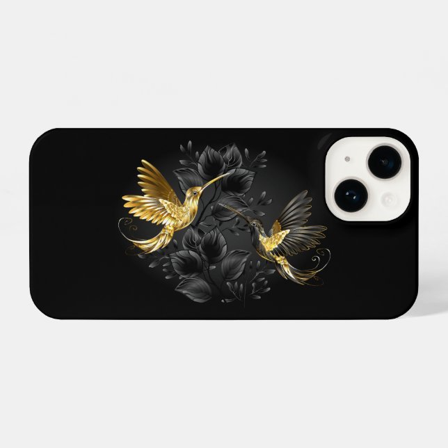 Black and Gold Hummingbird iPhone 14 Hülle (Rückseite (Horizontal))