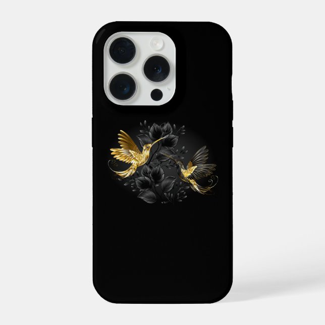 Black and Gold Hummingbird iPhone 15 Pro Hülle (Rückseite)