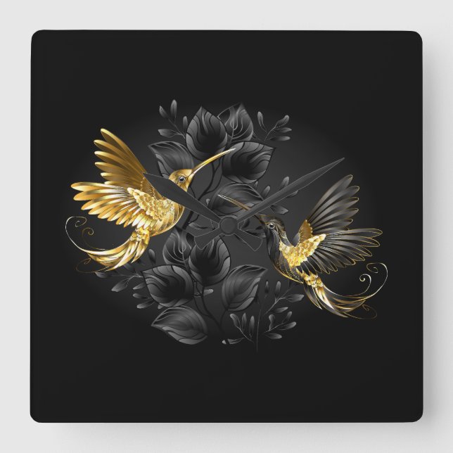 Black and Gold Hummingbird Quadratische Wanduhr (Vorderseite)