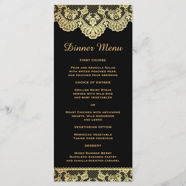 Black and Gold Lace Slim Dinner Menü Menükarte (Vorderseite)