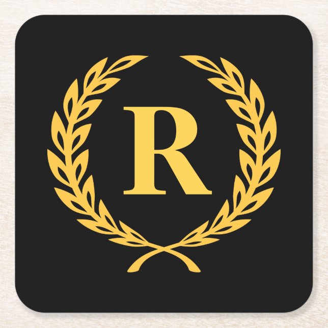 Black and Gold Laurel Wreath Monogram Rechteckiger Pappuntersetzer (Vorderseite)
