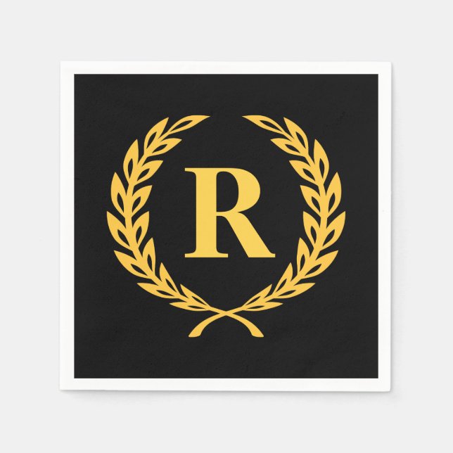 Black and Gold Laurel Wreath Monogram Serviette (Vorderseite)