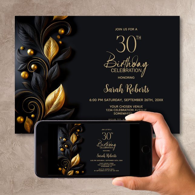 Black and Gold Leaves 30th Birthday Party Einladung (Von Creator hochgeladen)