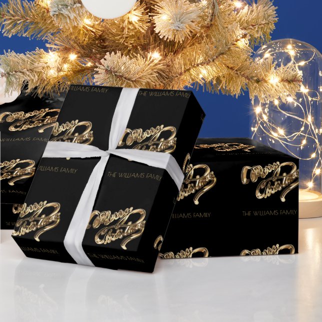 Black and Gold Look Script Frohe Weihnachten Geschenkpapier (Feiertage)