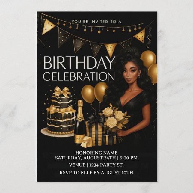 Black and Gold Luxury Birthday Invitation Einladung (Vorderseite)