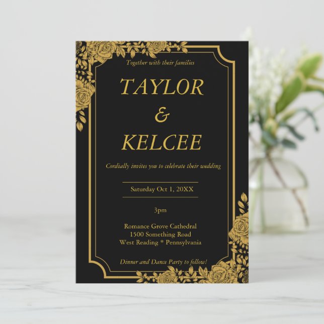 Black and Gold Luxury CUSTOMIZABLE Wedding Einladung (Stehend Vorderseite)