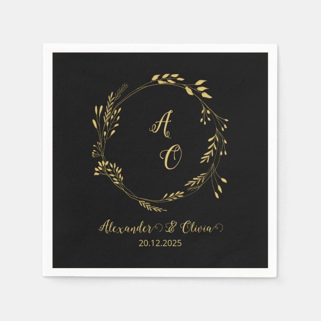 Black and Gold Luxury Floral Wedding Napkins Serviette (Vorderseite)