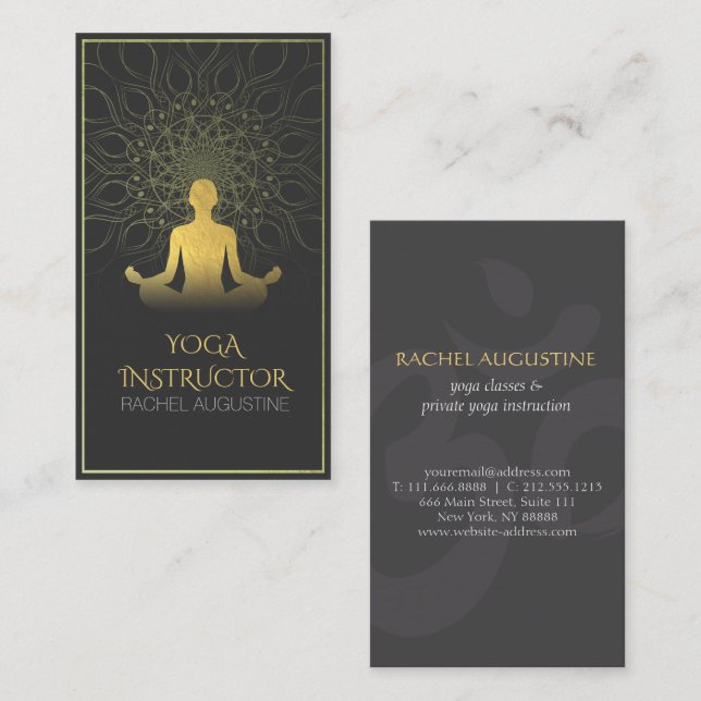 Black and Gold Mandala Yoga Meditation & Om Symbol Visitenkarte (Vorne/Hinten)