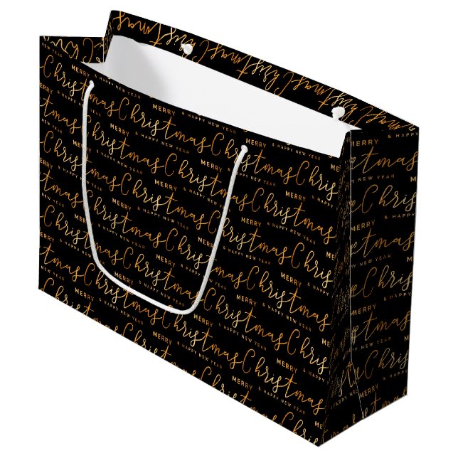 Black and Gold Merry Christmas Word Art Große Geschenktüte (Vorderseite Schrägansicht)