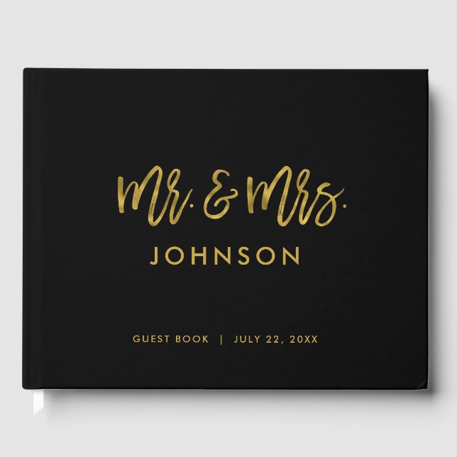 Black and Gold Modernes Foto Wedding Guest Book Gästebuch (Vorderseite)