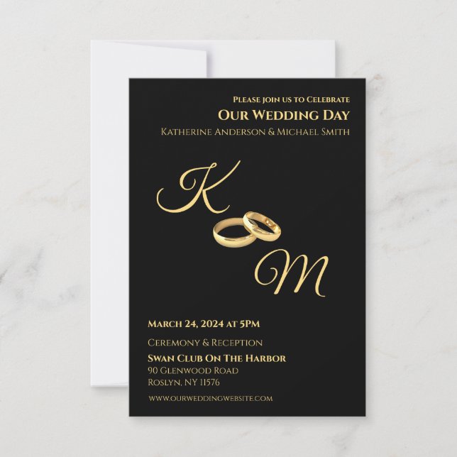 Black and Gold Monogram Wedding Rings- Einladung (Vorderseite)