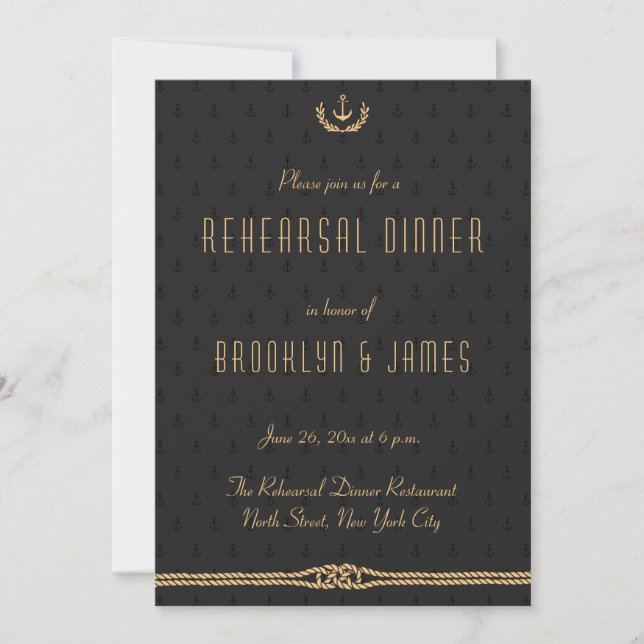 Black and Gold Nautical Wedding Probe lädt ein Einladung (Vorderseite)