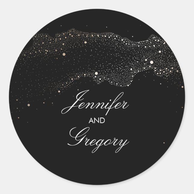 Black and Gold Night Stars Moderne Hochzeit Runder Aufkleber (Vorderseite)