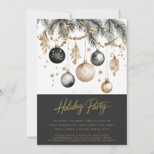 Black and Gold Ornamente Baubles Holiday Party Einladung