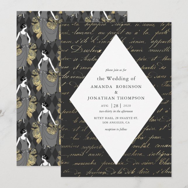 Black and Gold Paris Themed Calligrafy Wedding Einladung (Vorne/Hinten)