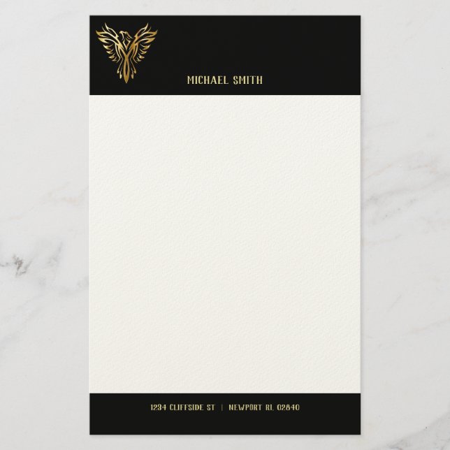 Black and Gold Phoenix Bird Personal Letterhead Briefpapier (Vorderseite)