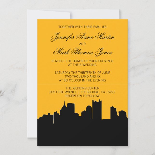 Black and Gold Pittsburgh City Skyline Wedding II Einladung (Vorderseite)