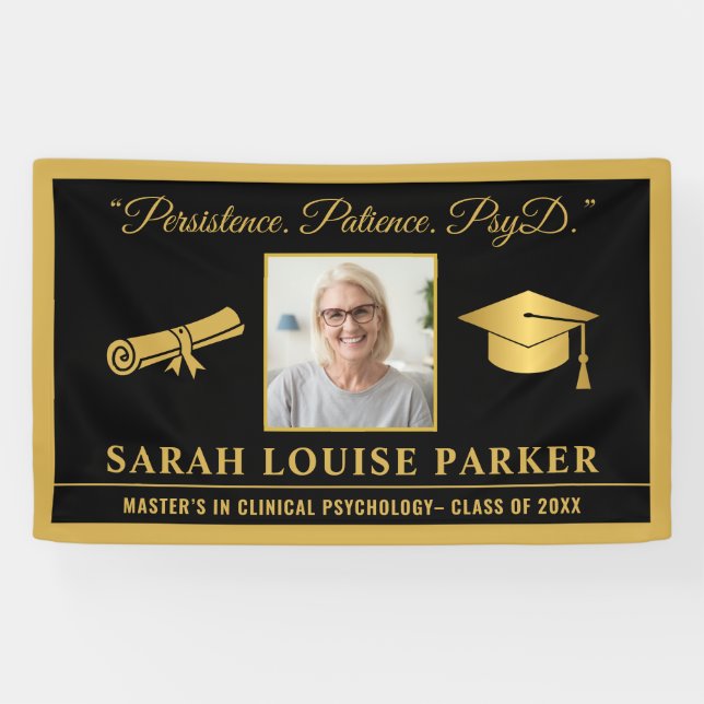 Black and Gold PsyD Zitat Foto Abschluss 2025 Banner (Horizontal)