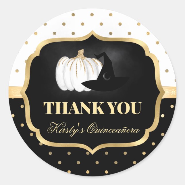 Black and Gold Pumpkin und Hexenhut Quinceanera Runder Aufkleber (Vorderseite)
