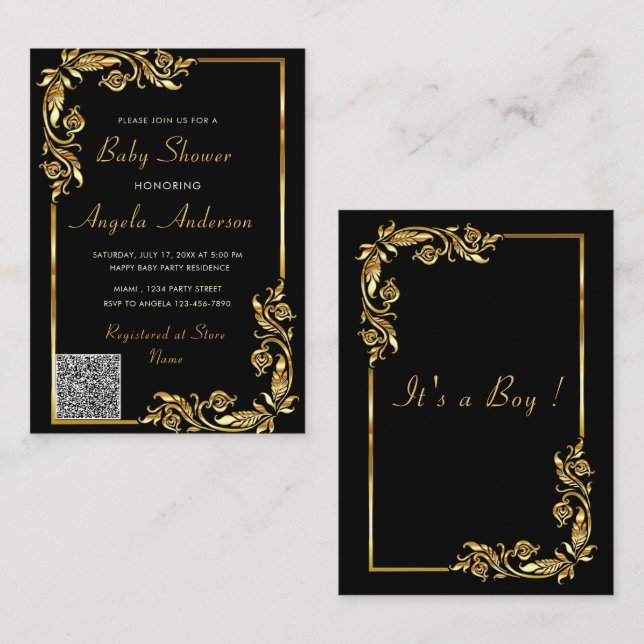 Black and Gold QR Code Baby Boy Shower Invitation (Devant / Derrière)