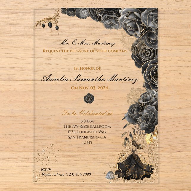 Black and Gold Quinceañera Acryleinladungen (Vorderseite)