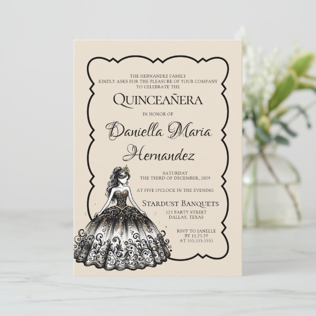 Black and Gold Quinceañera Einladung (Stehend Vorderseite)