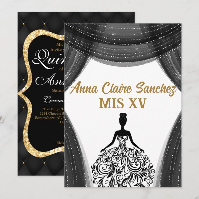 Black and Gold Quinceanera Einladung (Vorne/Hinten)