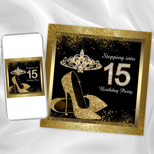 Black and Gold Quinceanera Einladung (Quinceanera or any occasion invitation. Simply delete the 15 and add the text of your choice.)