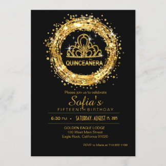 Black and Gold Quinceanera Glitzer Tiara Einladung