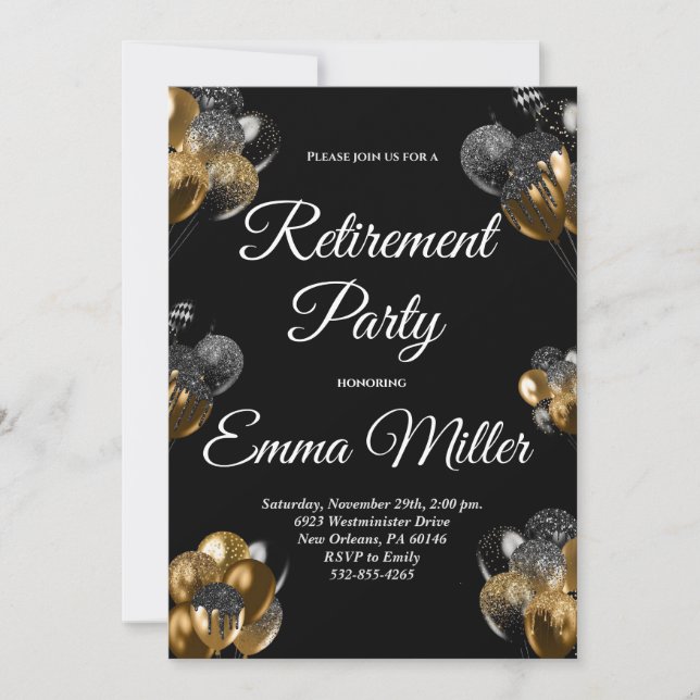 Black and Gold Rentirement Party Einladung (Vorderseite)