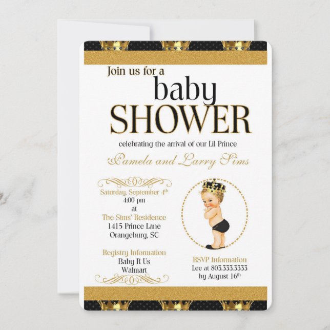 Black and Gold Royal Prince Baby Dusche Einladung (Vorderseite)