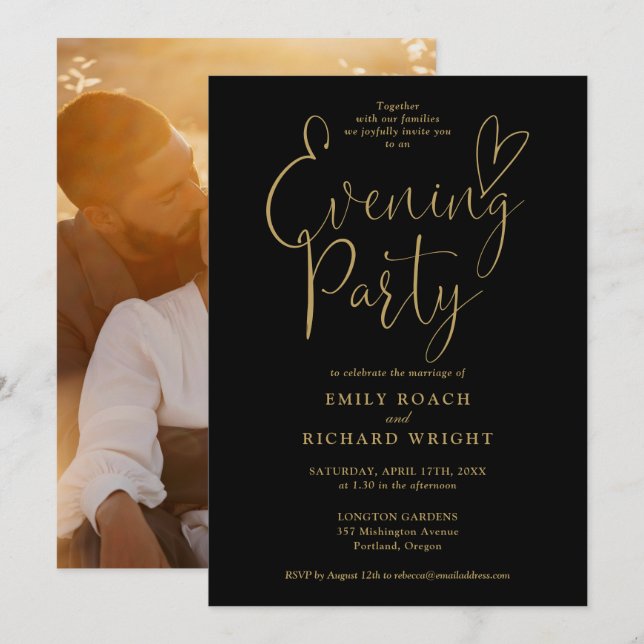 Black and Gold Script Foto Wedding Abend Party Einladung (Vorne/Hinten)