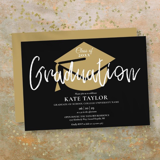 Black and Gold Script Graduation Party Einladung (Black And Gold Script Graduation Party Invitation)