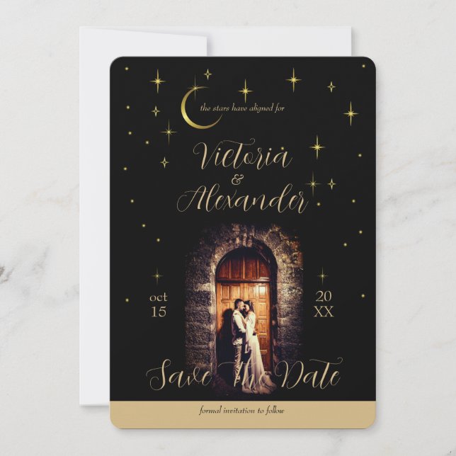 Black and Gold Script Modern Moody Whimsigoth  Save The Date (Vorderseite)
