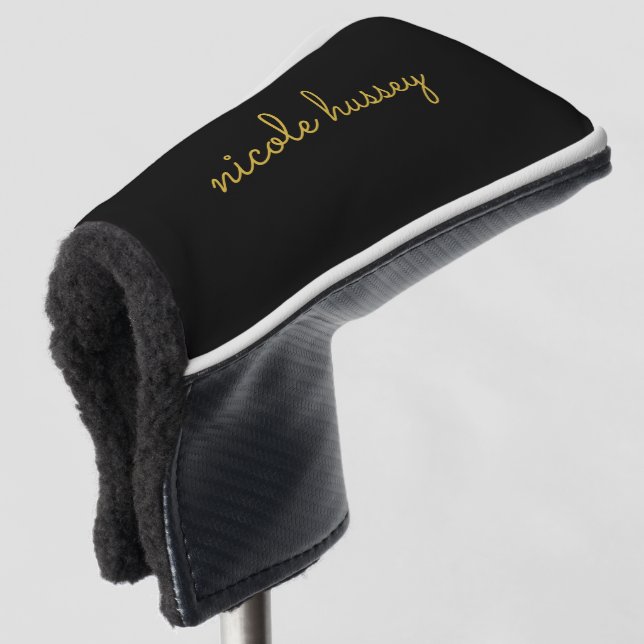 Black and Gold Script  | Stylish Monogram Modern Golf Headcover (3/4 Vorderseite)