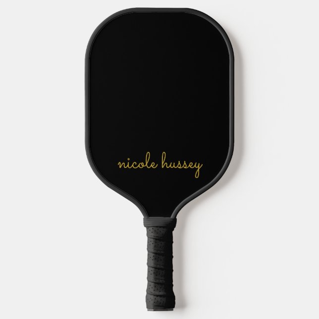 Black and Gold Script  | Stylish Monogram Modern Pickleball Schläger (Vorderseite)