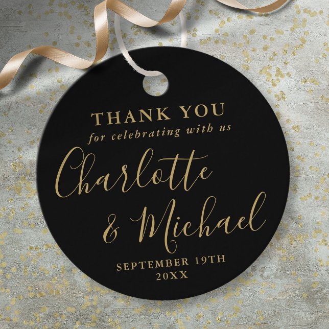 Black and Gold Script Wedding Vielen Dank Geschenkanhänger (Black And Gold Script Wedding Thank You Favor Tags)