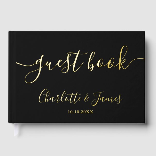 Black And Gold Signature Script Photo Wedding Gästebuch (Vorderseite)