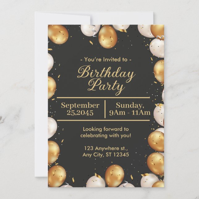 Black and Gold Simple Birthday Party Card Einladung (Vorderseite)