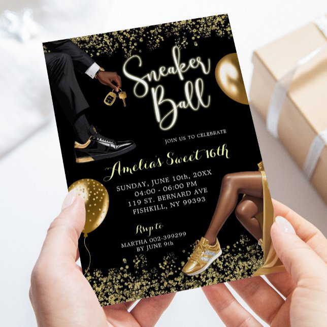 Black and Gold Sneaker Ball Sweet 16 Birthday Einladung (Von Creator hochgeladen)