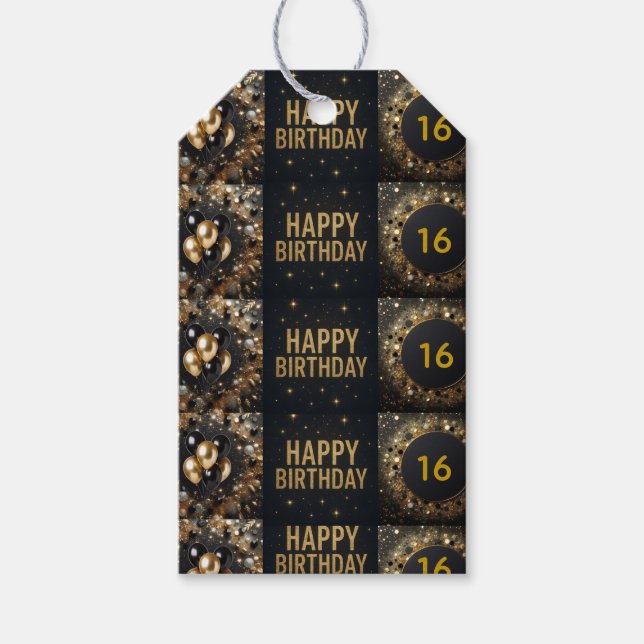 Black and Gold Sparkle Ballon Happy Birthday Geschenkanhänger (Vorderseite)