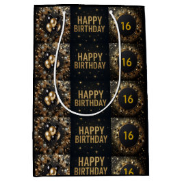 Black and Gold Sparkle Ballon Happy Birthday Mittlere Geschenktüte