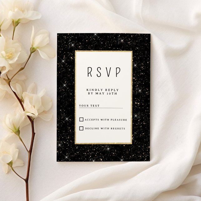 Black and gold sparkly glitter confetti RSVP Einladung (Black and gold sparkly glitter confetti RSVP )