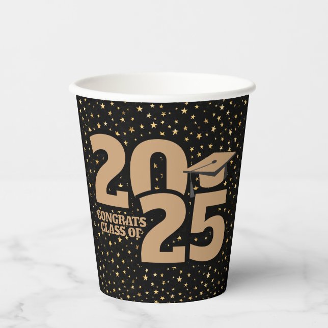 Black and Gold Stars 2025 Abschluss Pappbecher (Vorderseite)