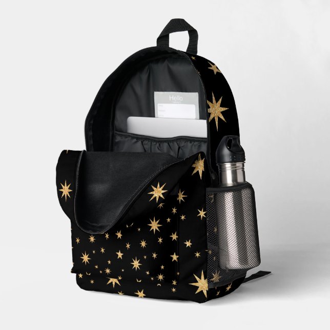 Black and Gold Stars Backpack - Sternenmuster Bedruckter Rucksack (Rückseitige Ecke links (Offen) )