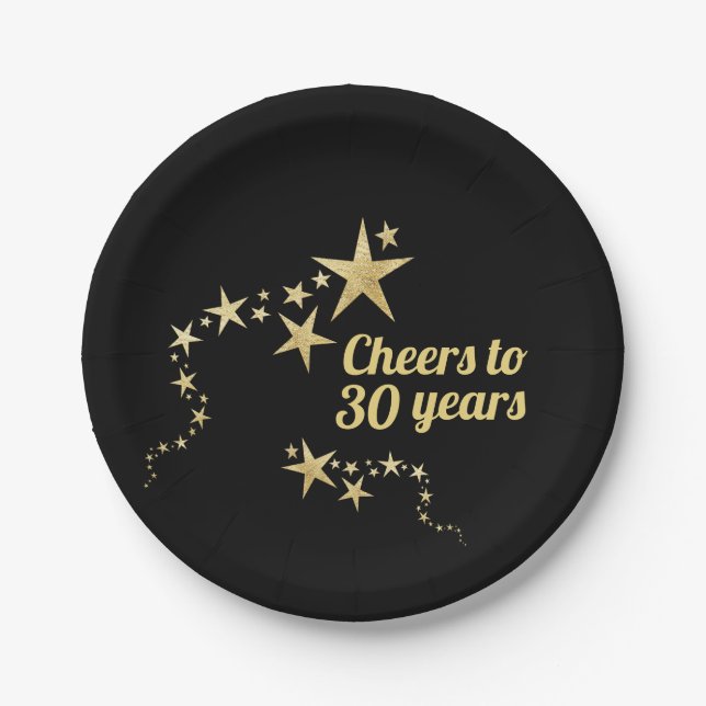 Black and Gold Stars jubeln bis 30 Jahre Geburtsta Pappteller (Vorderseite)